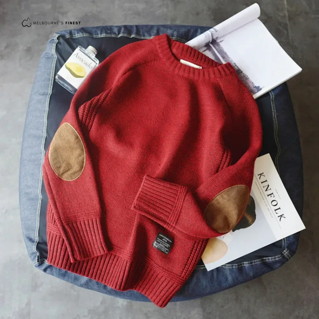 Men's crew neck pullover jumper with long sleeves and elbow patches