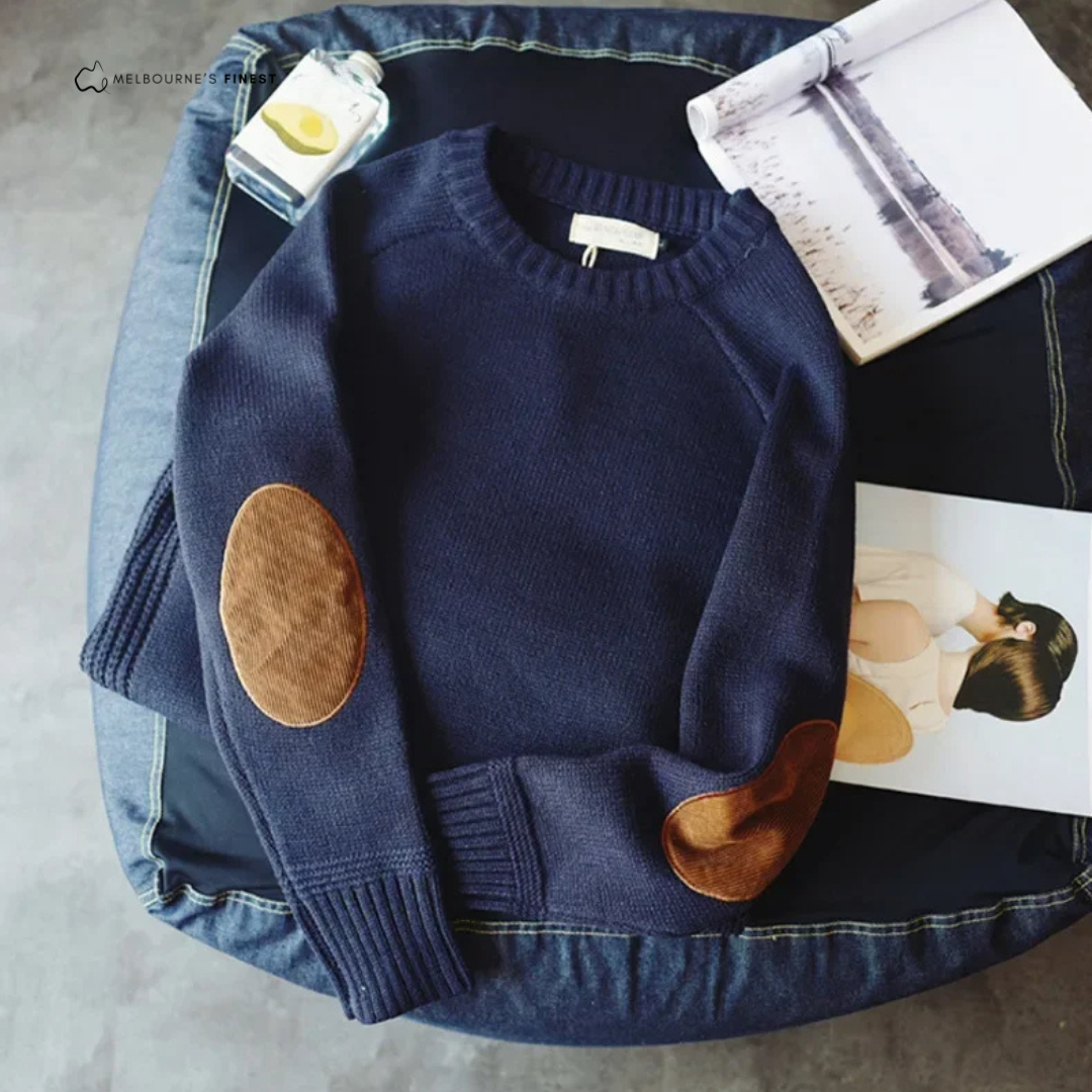 Men's crew neck pullover jumper with long sleeves and elbow patches