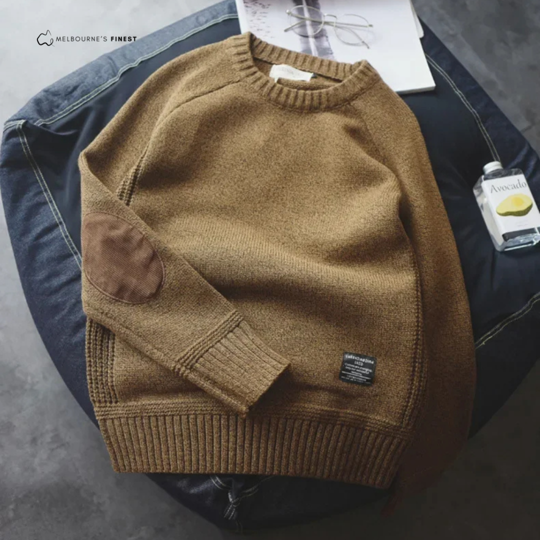 Men's crew neck pullover jumper with long sleeves and elbow patches
