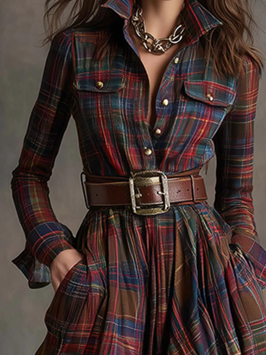 Women's long-sleeved plaid maxi shirt dress with belt and full skirt