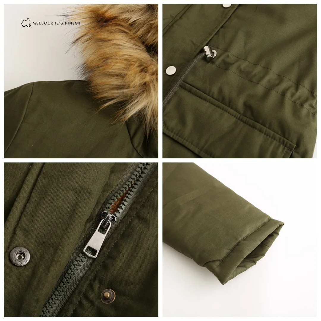Women's hooded parka coat with fur-trimmed hood, drawstring waist and front pockets