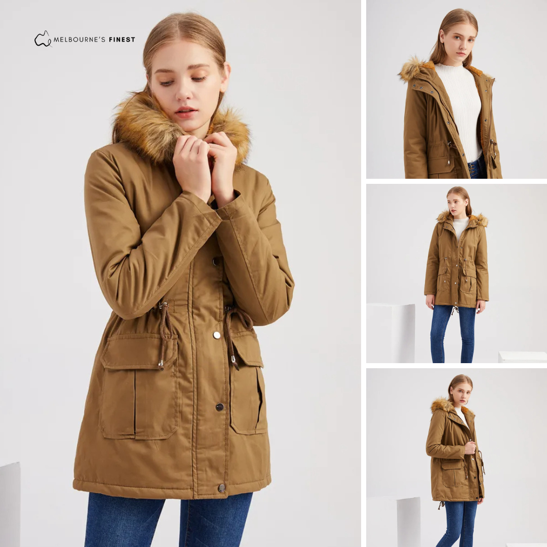 Women's hooded parka coat with fur-trimmed hood, drawstring waist and front pockets