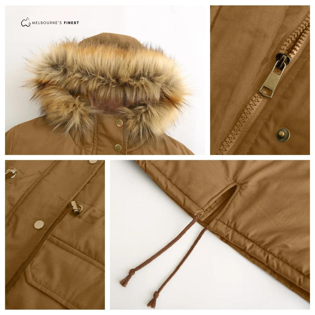 Women's hooded parka coat with fur-trimmed hood, drawstring waist and front pockets