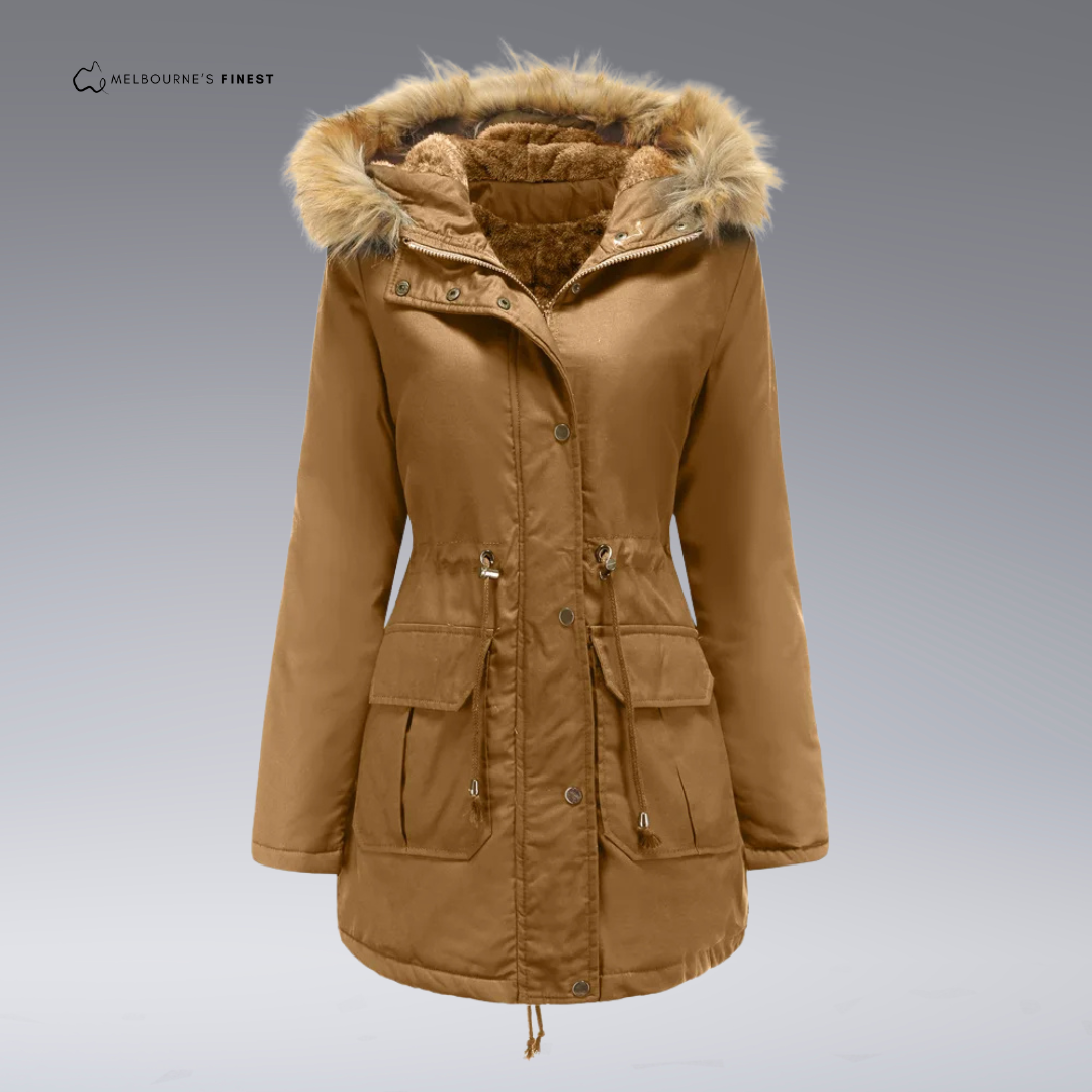 Women's hooded parka coat with fur-trimmed hood, drawstring waist and front pockets