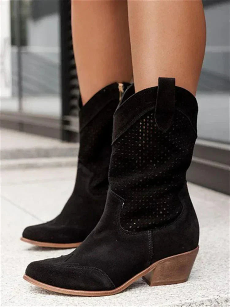 Women's perforated cowboy boots with pointed toes and mid stacked heels