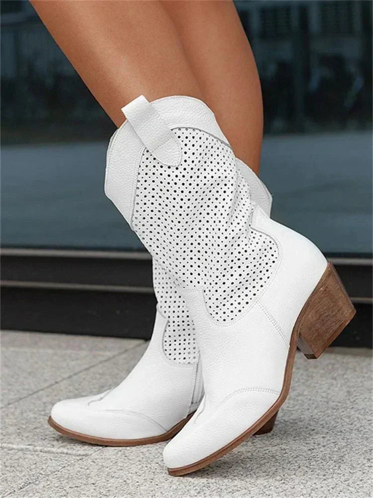 Women's perforated cowboy boots with pointed toes and mid stacked heels