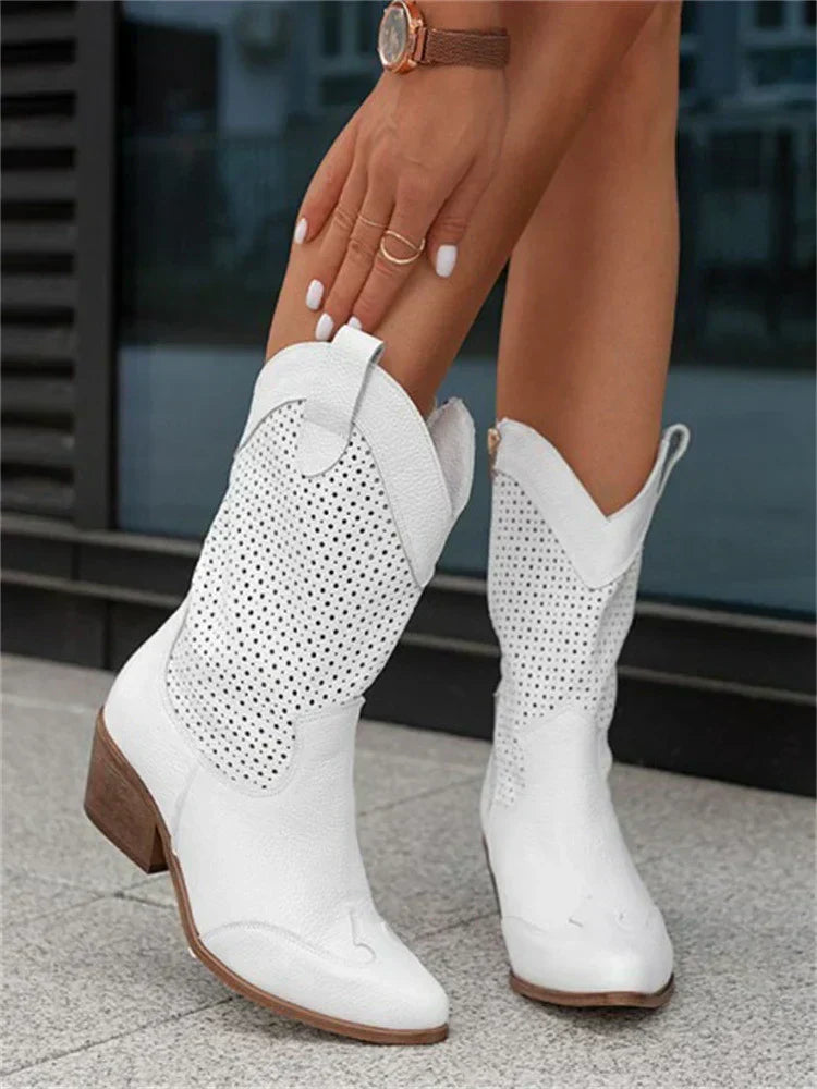Women's perforated cowboy boots with pointed toes and mid stacked heels