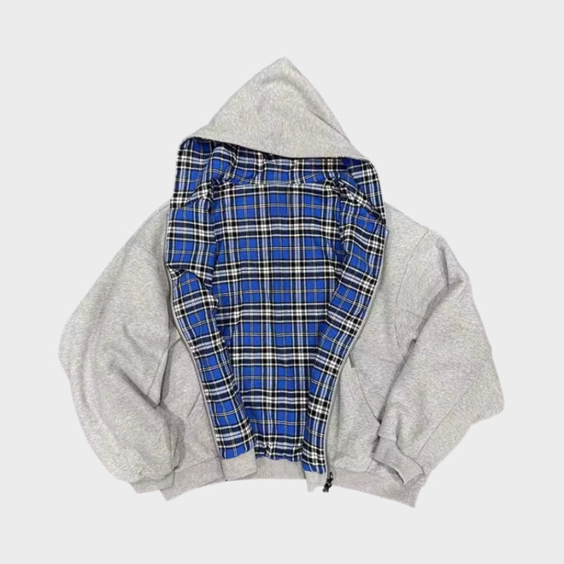 Men's reversible oversized hooded sweatshirt with checked inner side and zip front