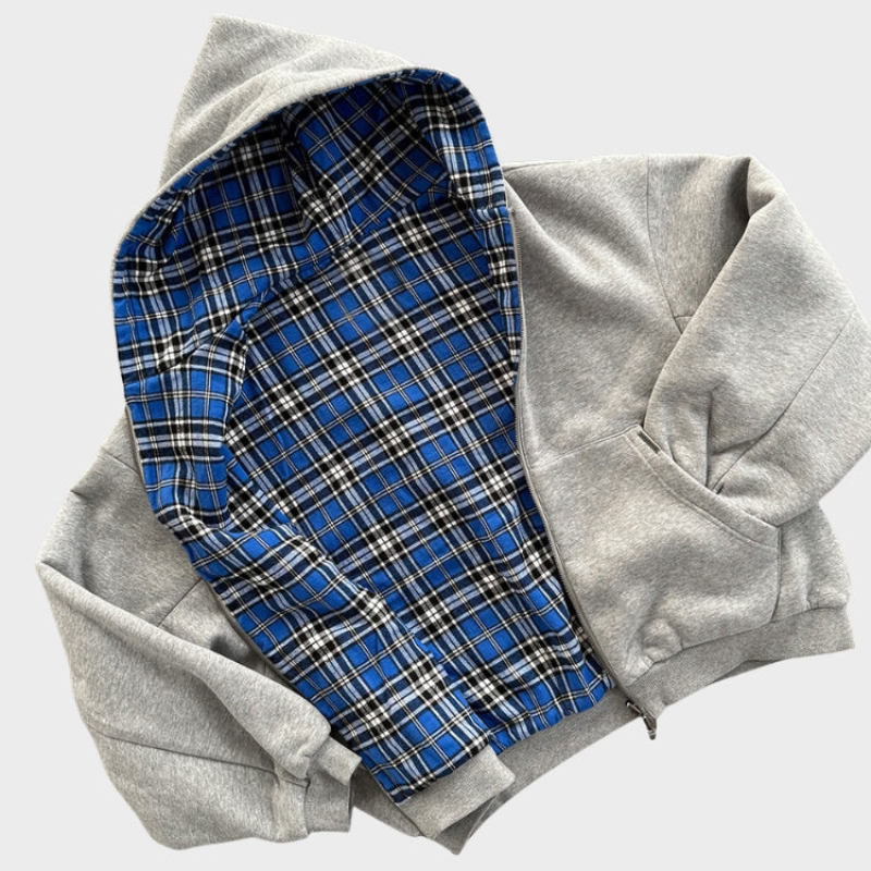 Men's reversible oversized hooded sweatshirt with checked inner side and zip front