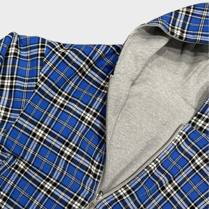 Men's reversible oversized hooded sweatshirt with checked inner side and zip front