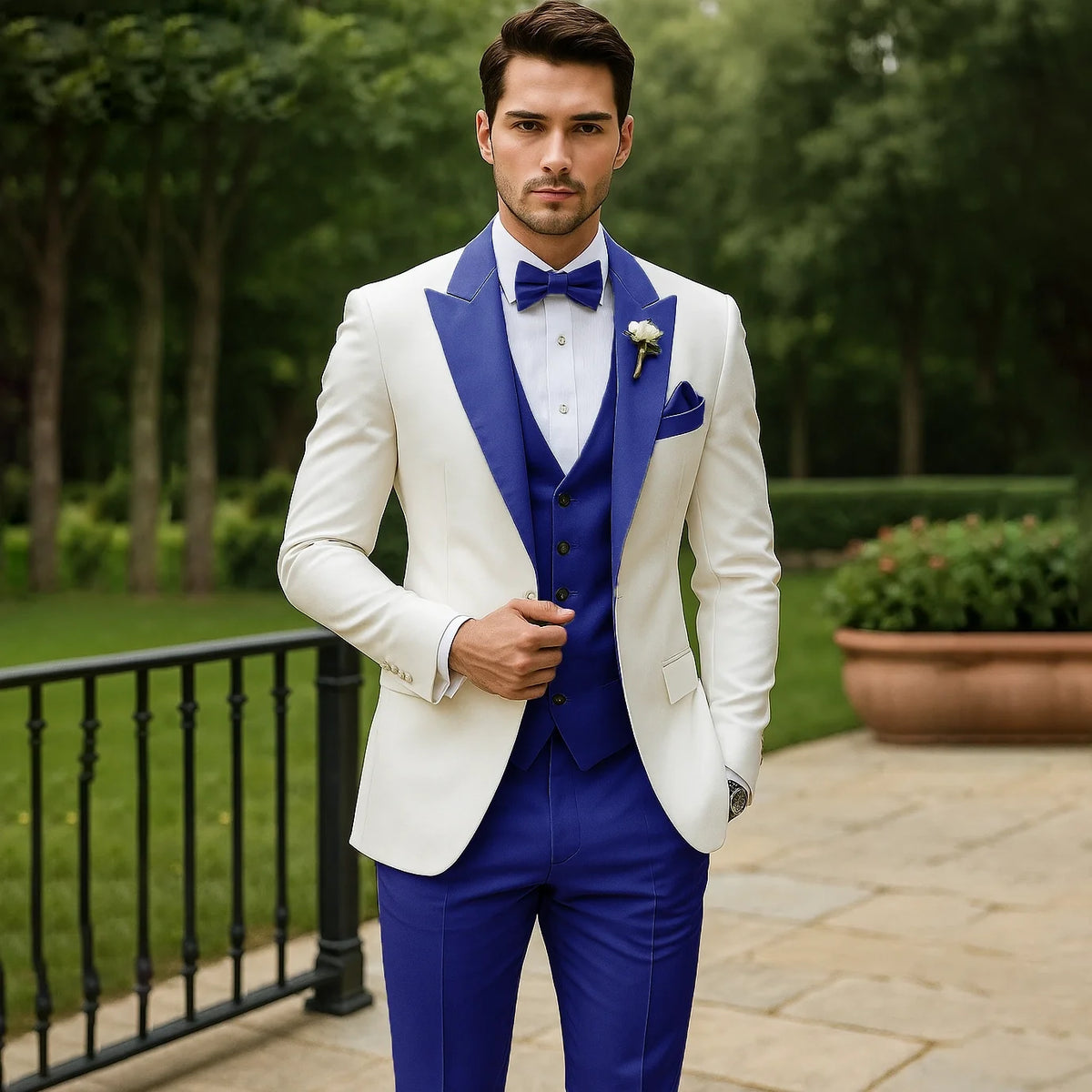 Men's three piece suit with notched lapel jacket, V-neck waistcoat and matching trousers