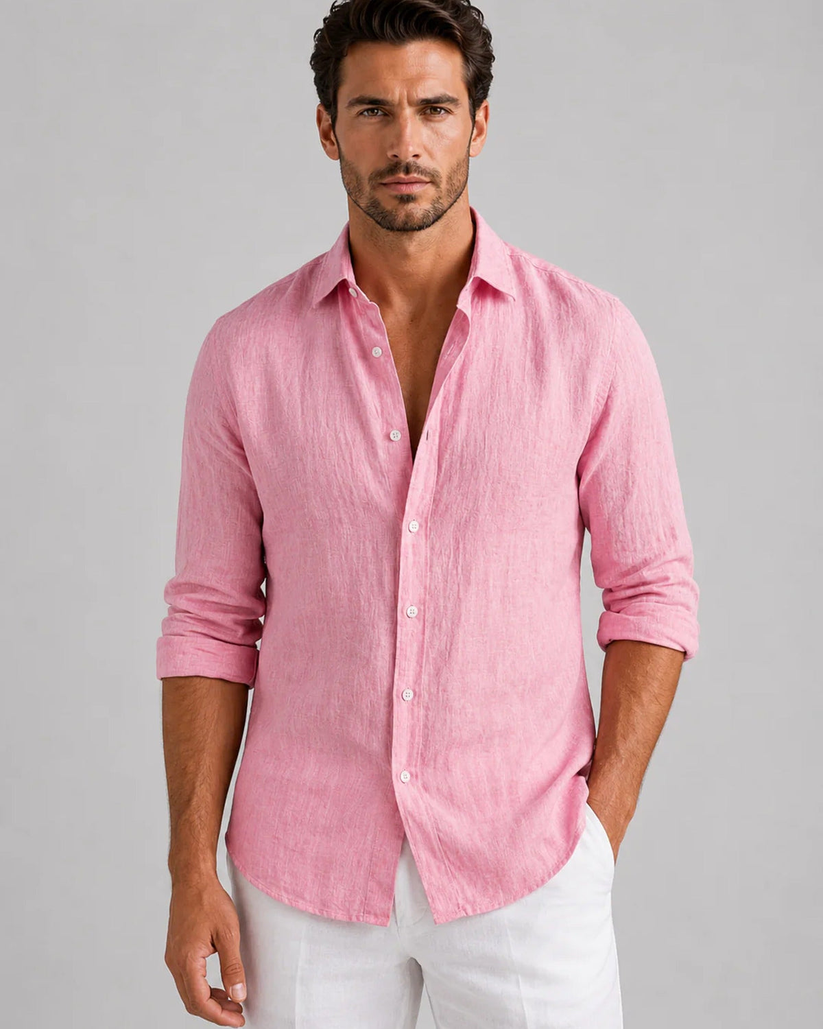 Men's long-sleeve textured button-up shirt with spread collar and curved hem