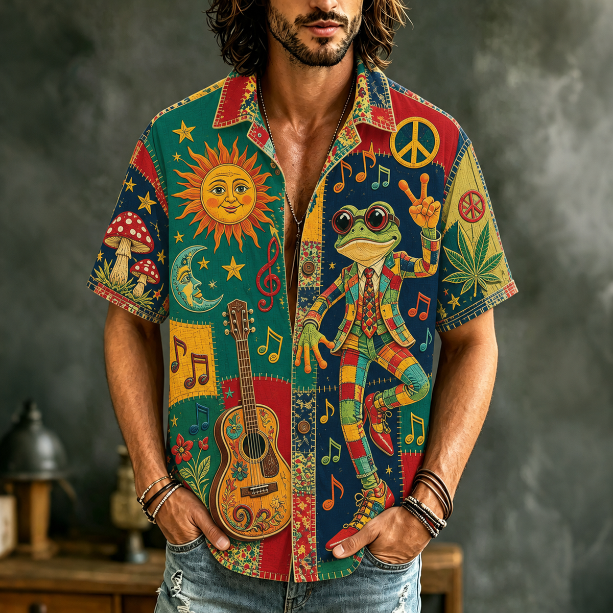Men's short-sleeve patchwork shirt with frog, guitar, sun, moon and music illustrations