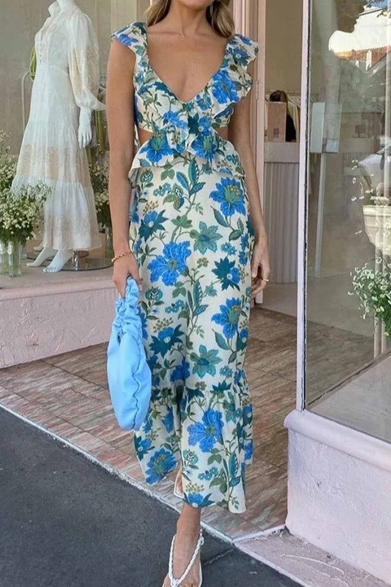 Women's Maxi Floral Dress Ruffle Strap V-Neck Open Back A-Line Fit