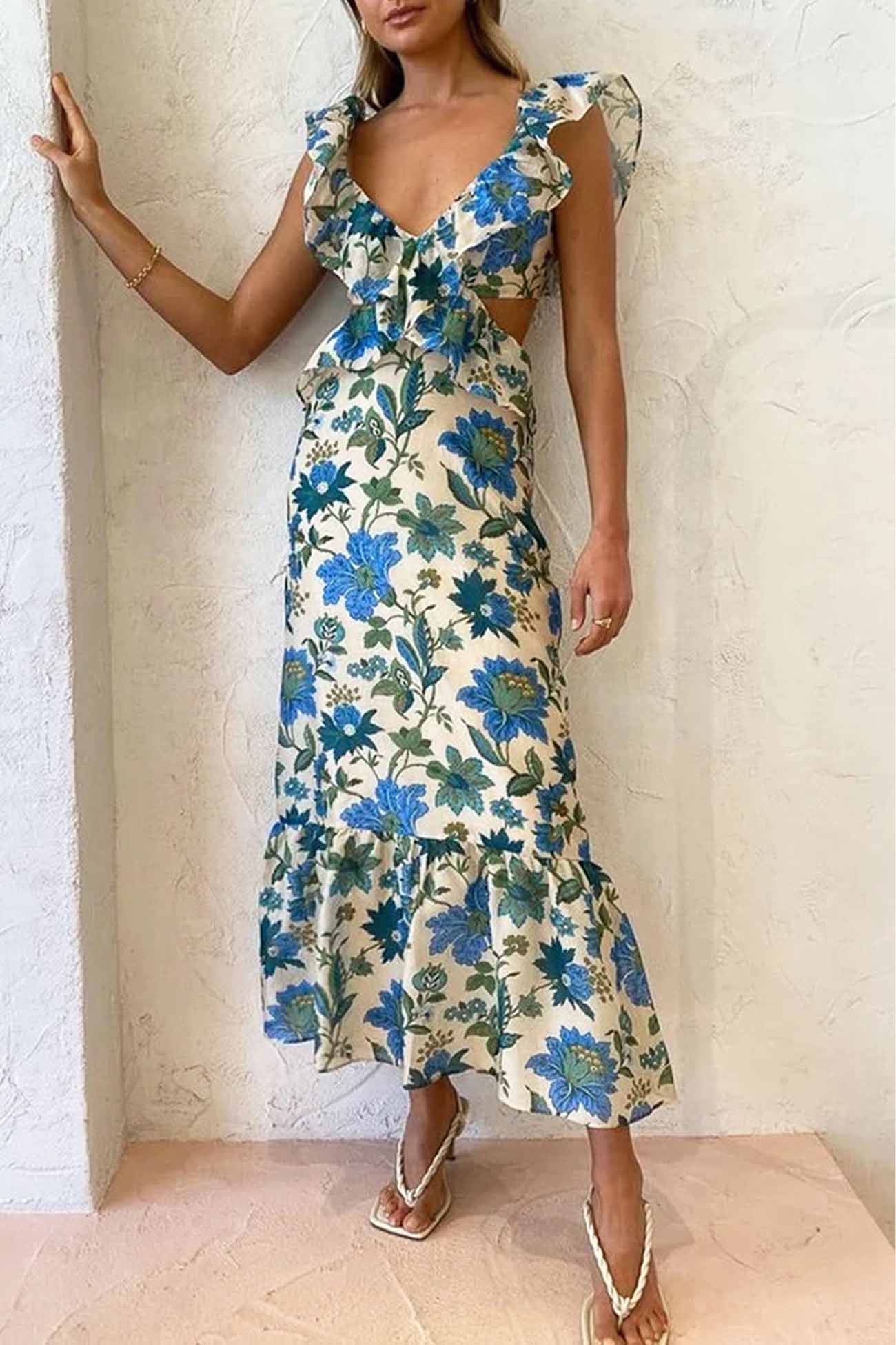 Women's Maxi Floral Dress Ruffle Strap V-Neck Open Back A-Line Fit