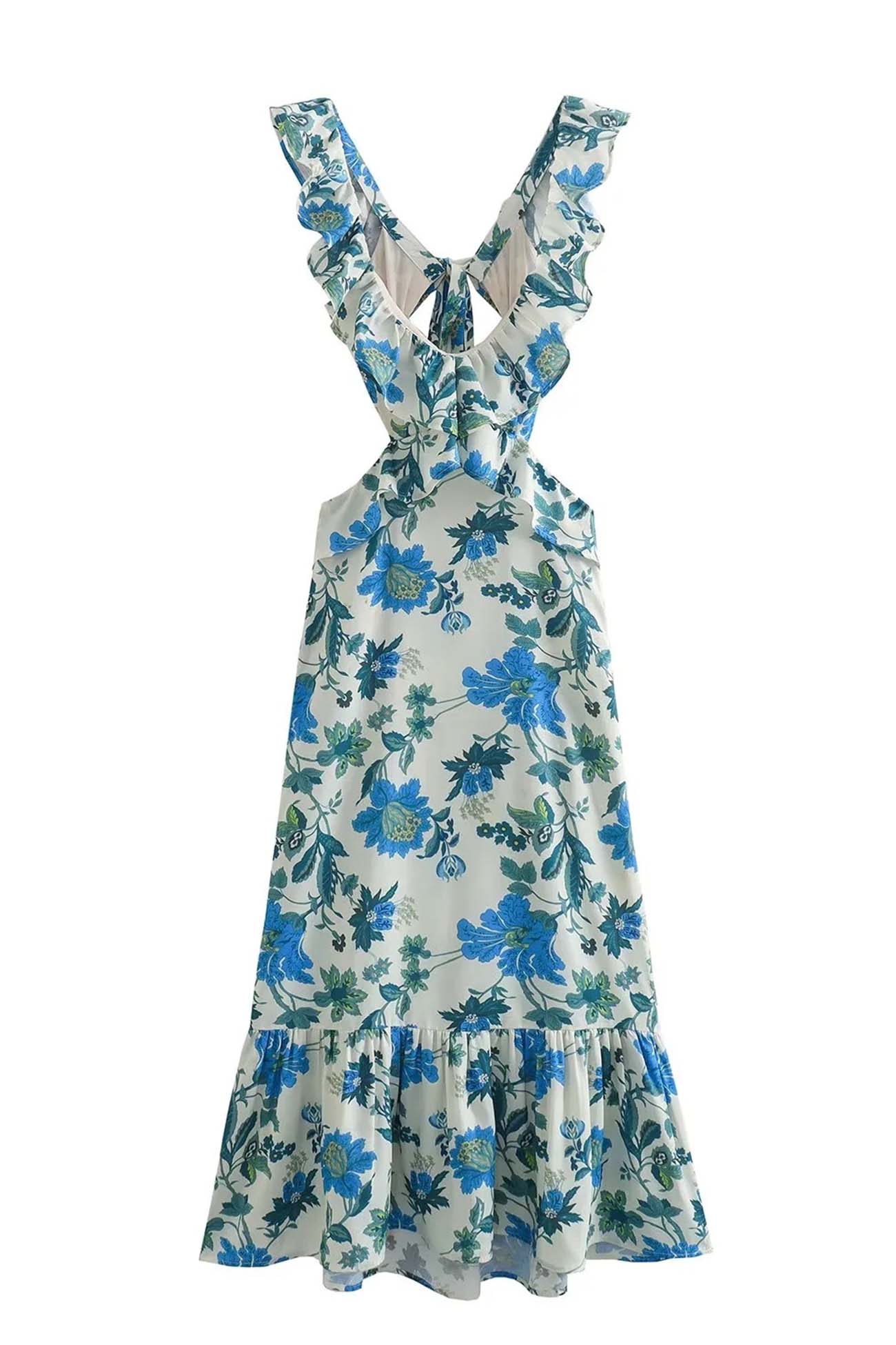 Women's Maxi Floral Dress Ruffle Strap V-Neck Open Back A-Line Fit