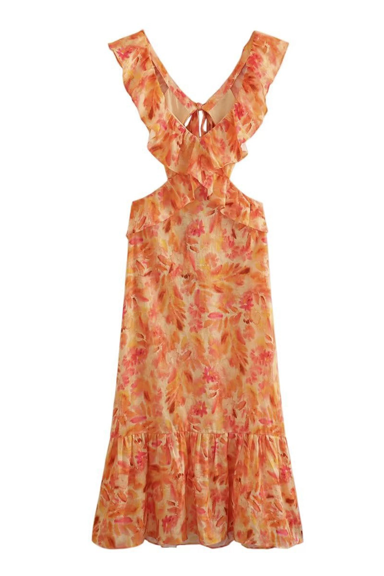 Women's Maxi Floral Dress Ruffle Strap V-Neck Open Back A-Line Fit