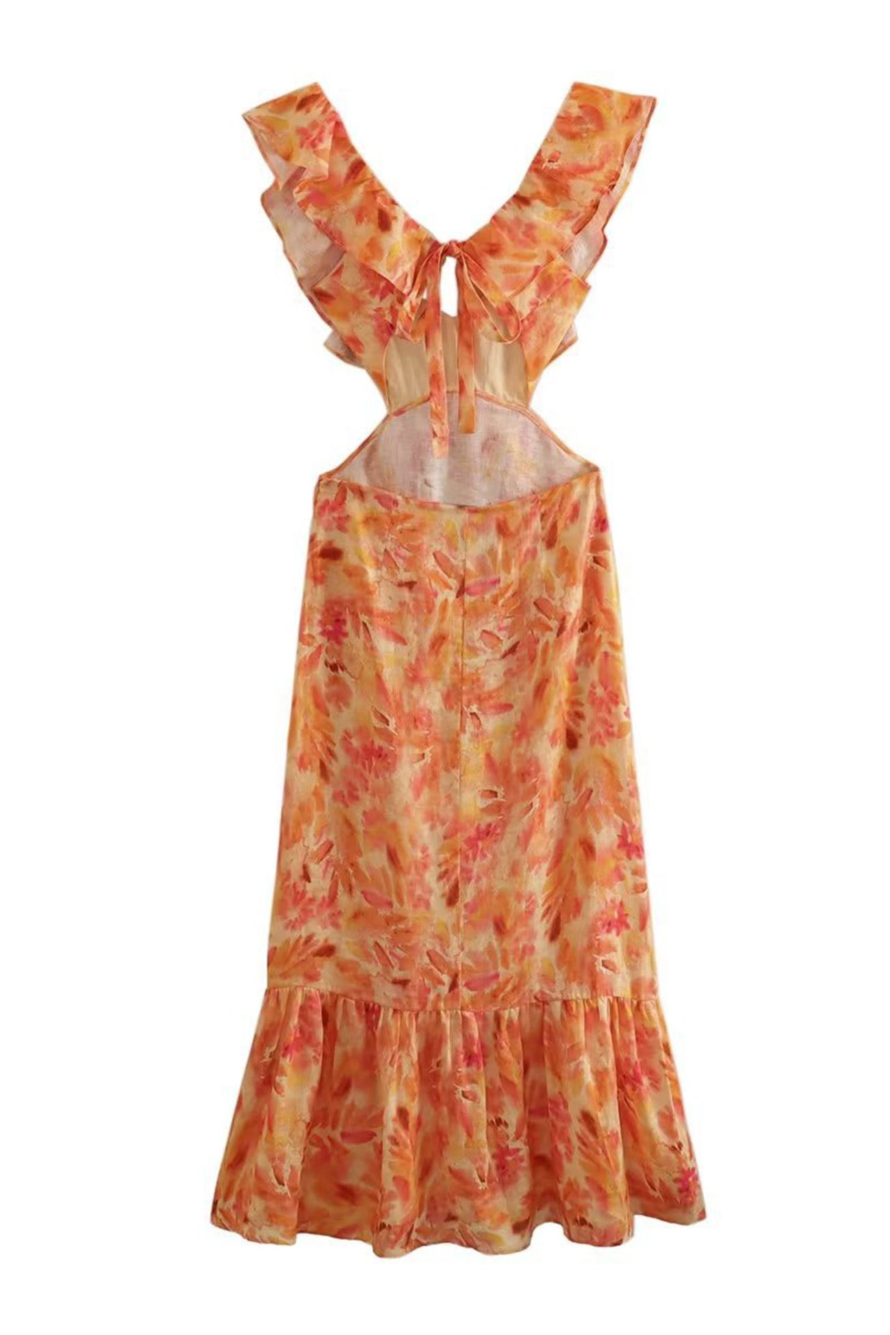 Women's Maxi Floral Dress Ruffle Strap V-Neck Open Back A-Line Fit