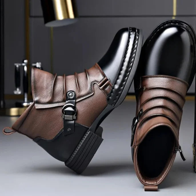 Men's two-tone ankle boots with buckle straps, side zips and rounded toes