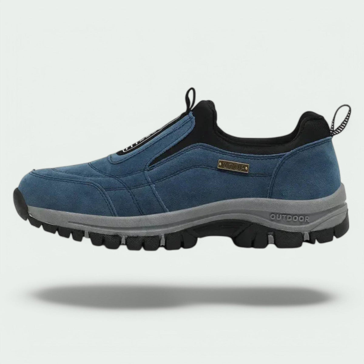 Slip-on walking shoe with stitched panels, contrast sole and deep tread