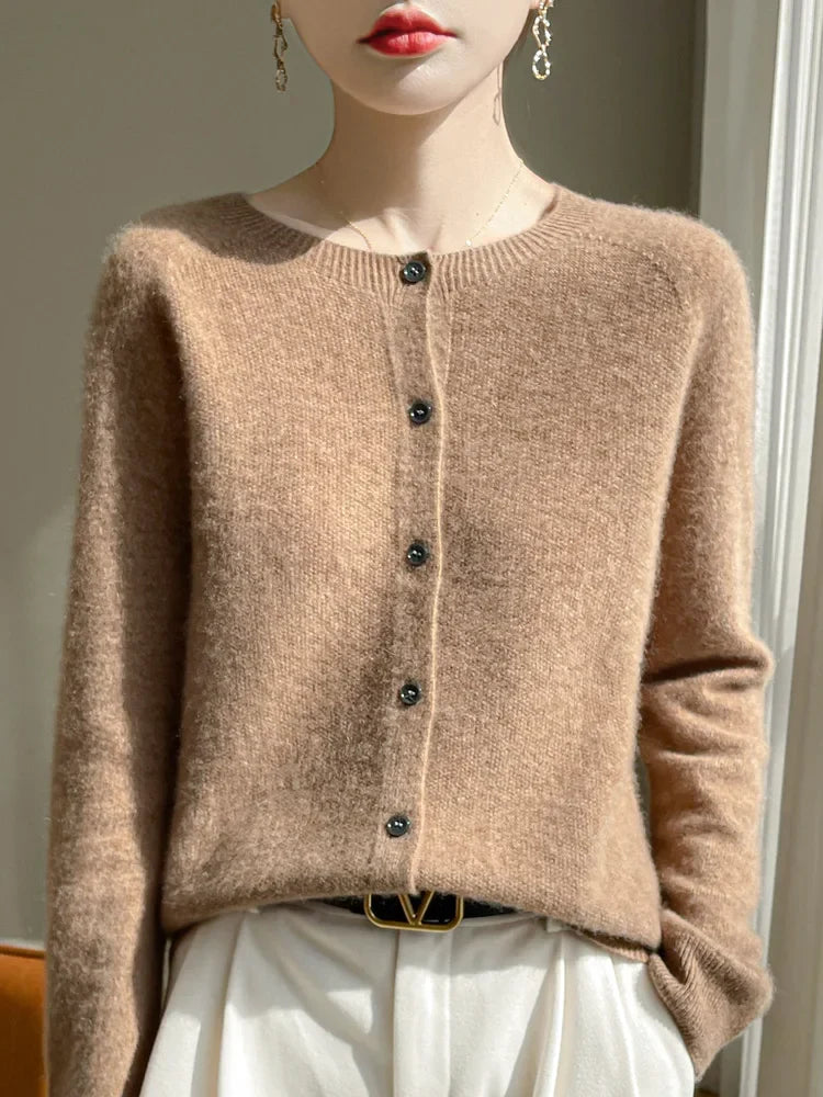 Women's long-sleeve button-front cardigan with crew neckline