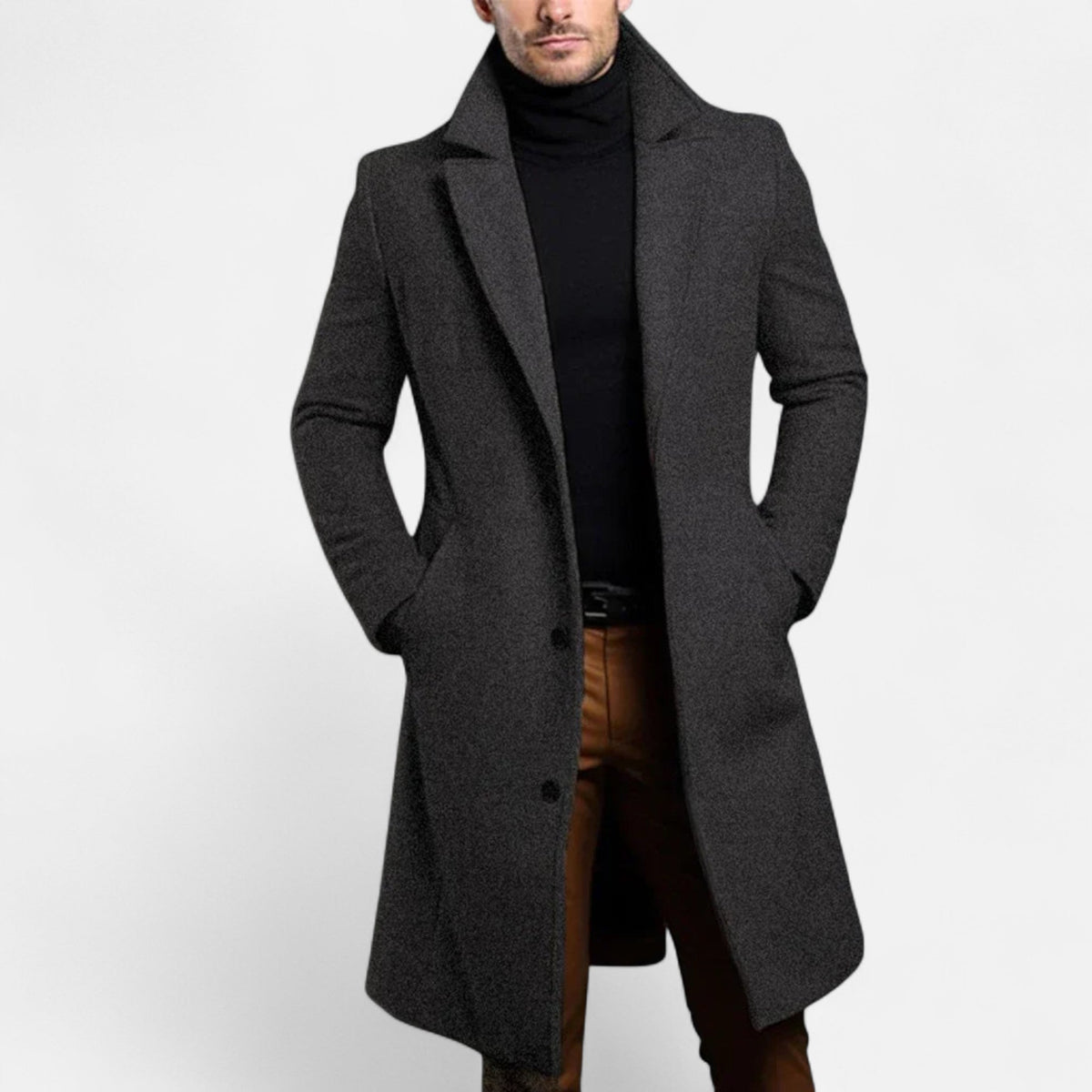 Men's long overcoat with lapels, button front and side pockets