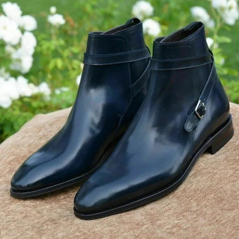 Men's ankle boots with square toe and side buckle strap