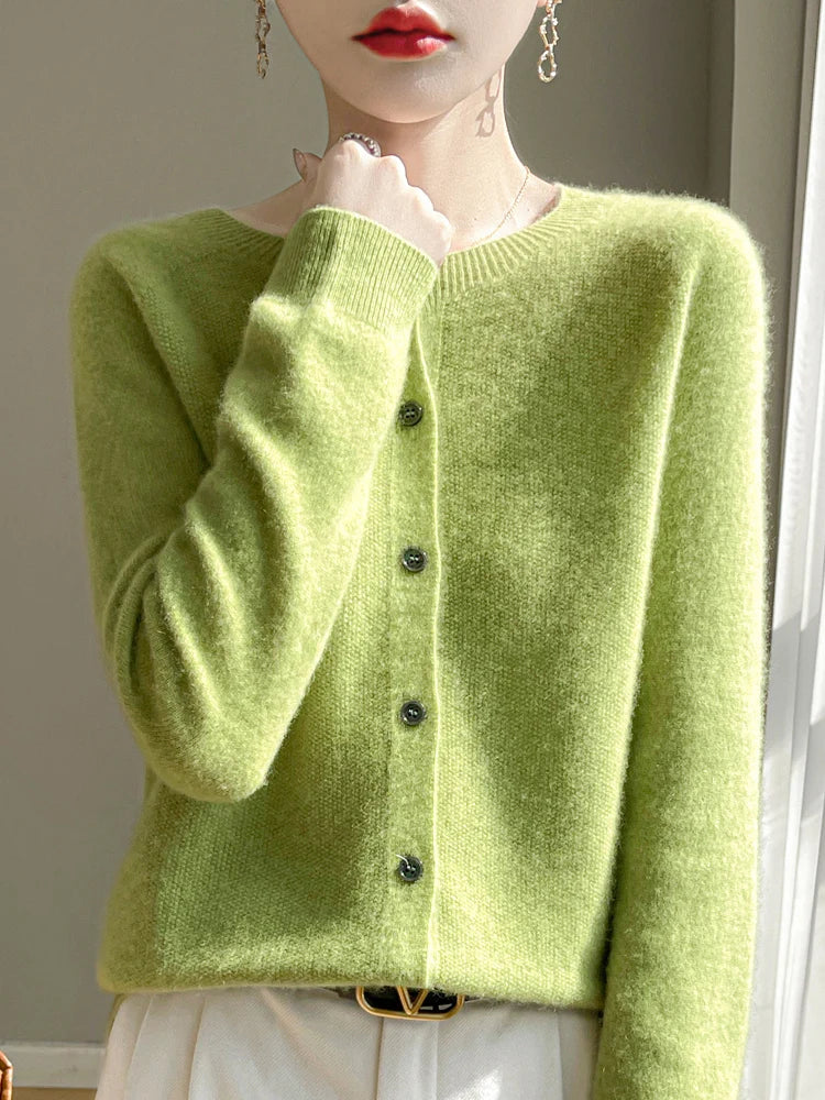 Women's long-sleeve button-front cardigan with crew neckline