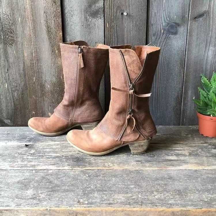 Women's brown tall boots with side zips, stitched panels and low heels