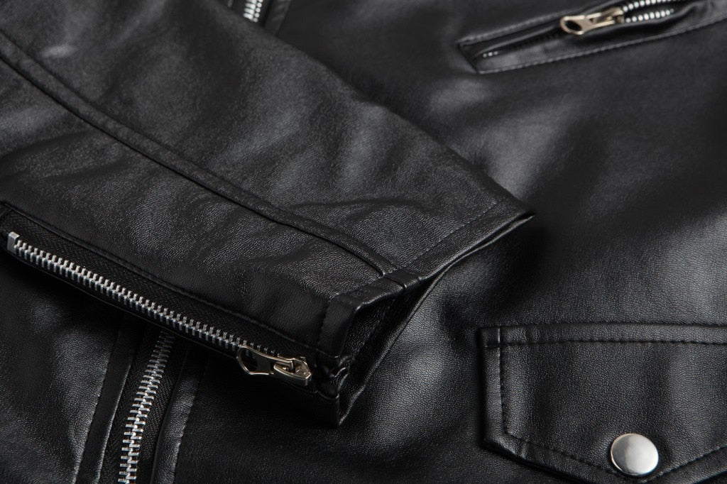 Men's fitted biker jacket with notched collar, asymmetric zip and buckled waist belt
