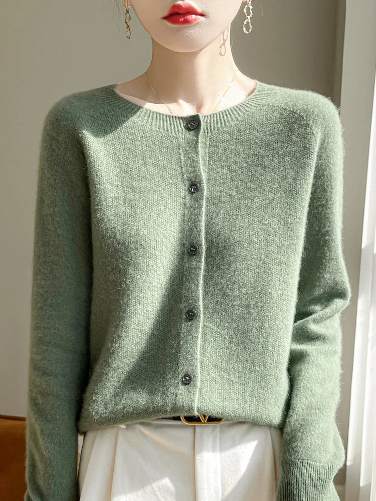 Women's long-sleeve button-front cardigan with crew neckline