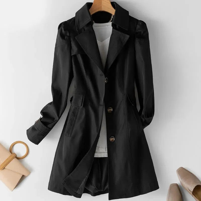 Women's double-breasted trench coat with notched collar and long sleeves