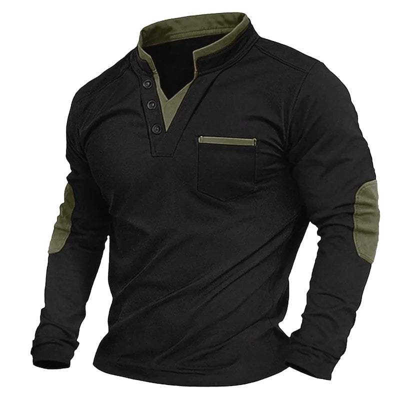 Men's long-sleeved V-neck sweatshirt with chest pocket and contrast elbow panels