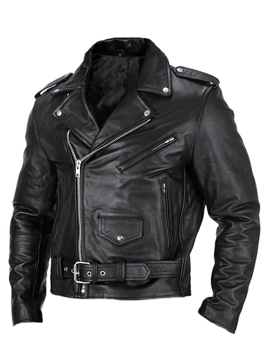 Men's fitted biker jacket with notched collar, asymmetric zip and buckled waist belt