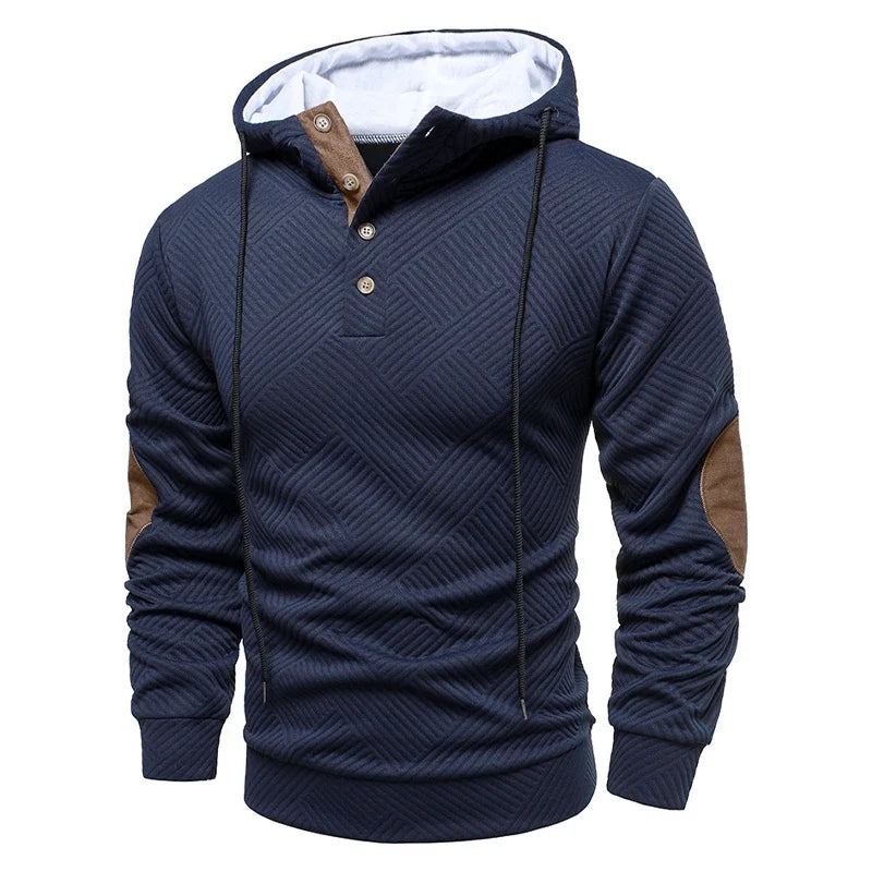 Men's textured hooded jumper with button placket and contrasting elbow panels