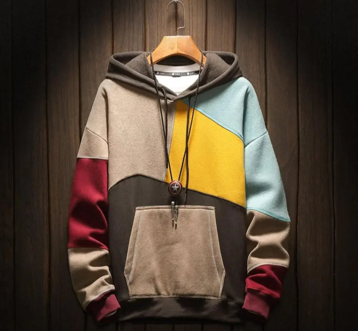 Men's multicolour colour-block hoodie with hood, long sleeves and kangaroo pocket