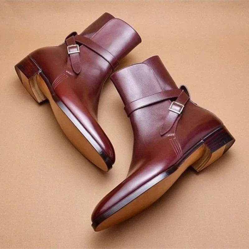 Men's ankle boots with square toe and side buckle strap