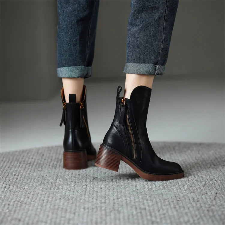 Women's solid ankle boots with side zips and stacked block heels