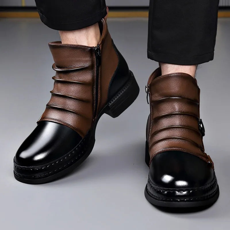 Men's two-tone ankle boots with buckle straps, side zips and rounded toes