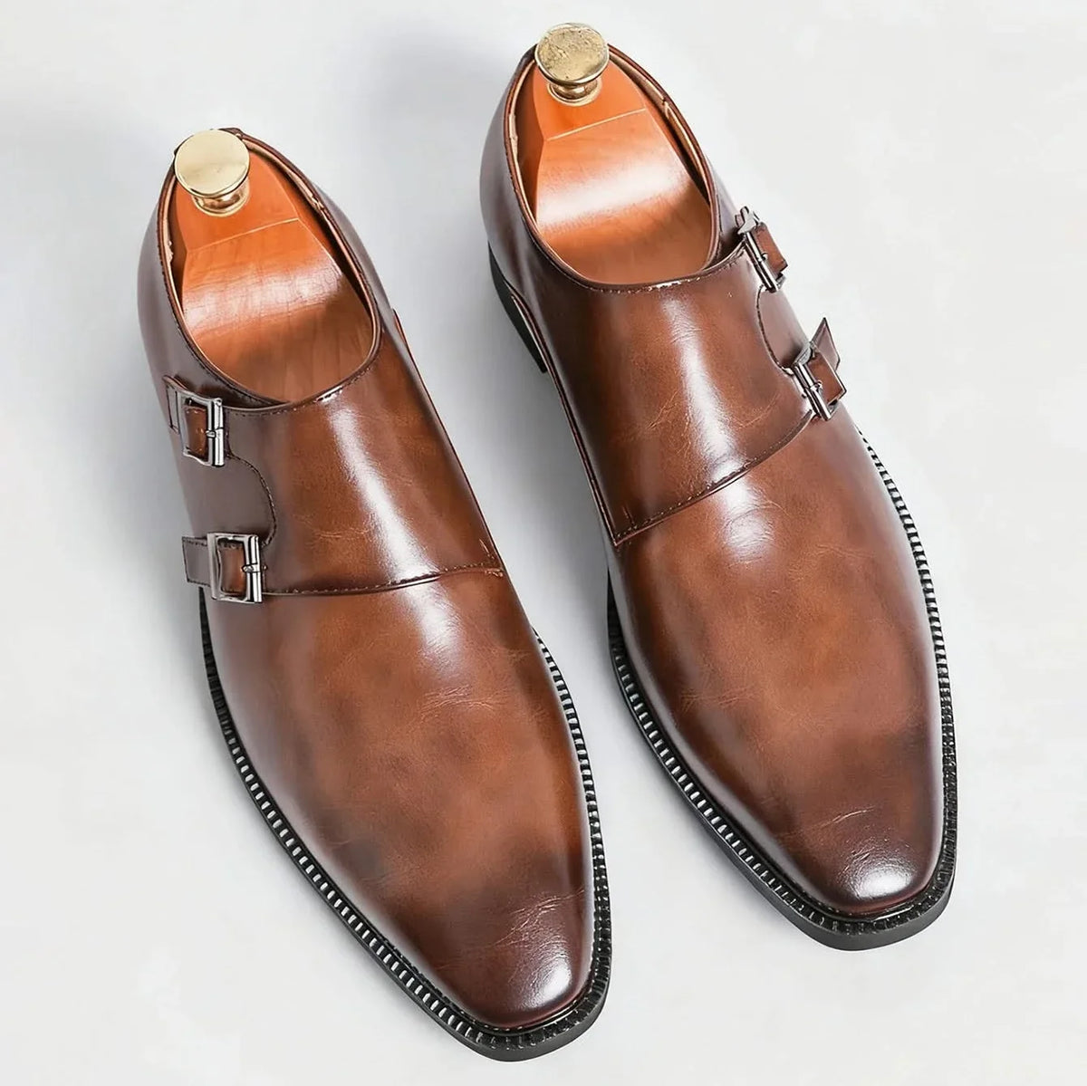 Men's polished double monk strap loafers with twin buckles