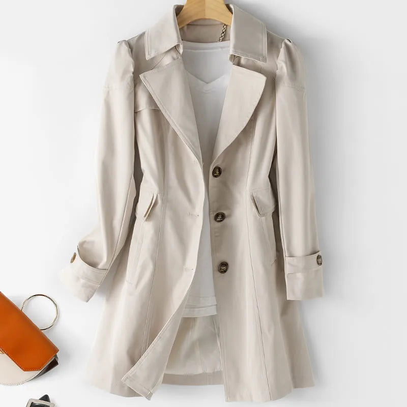 Women's double-breasted trench coat with notched collar and long sleeves