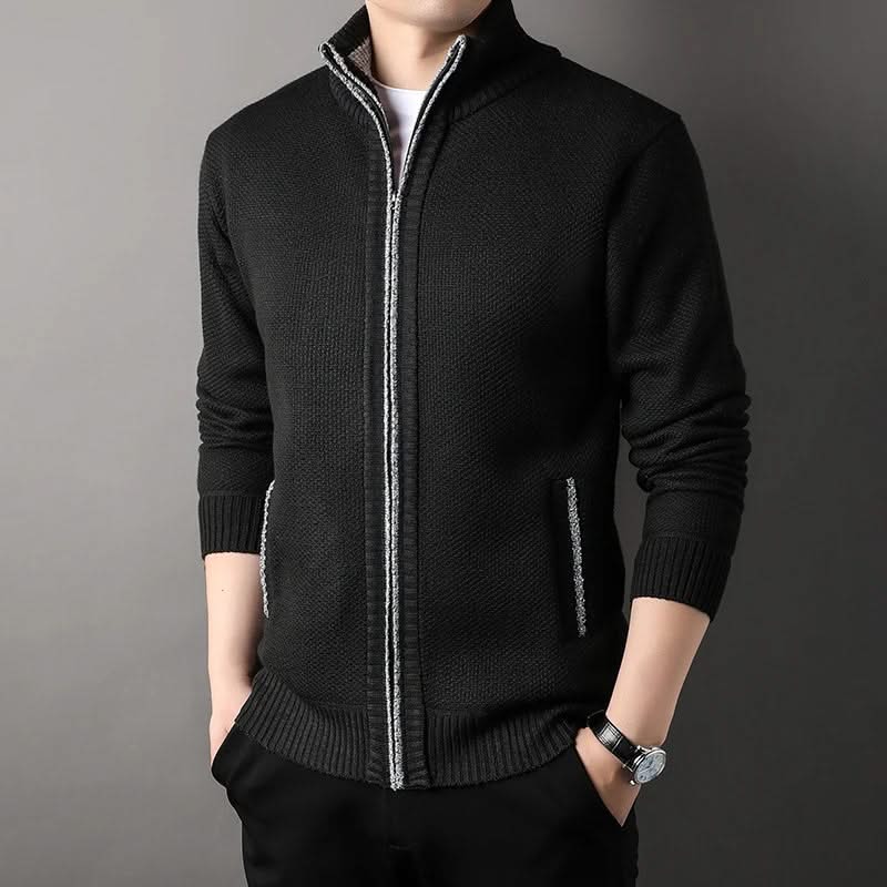 Men's textured knit jacket with mock neck, zip front and side pockets