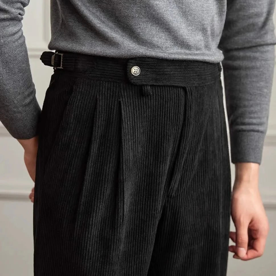 Women's wide-leg corduroy trousers with front pleats and button waistband