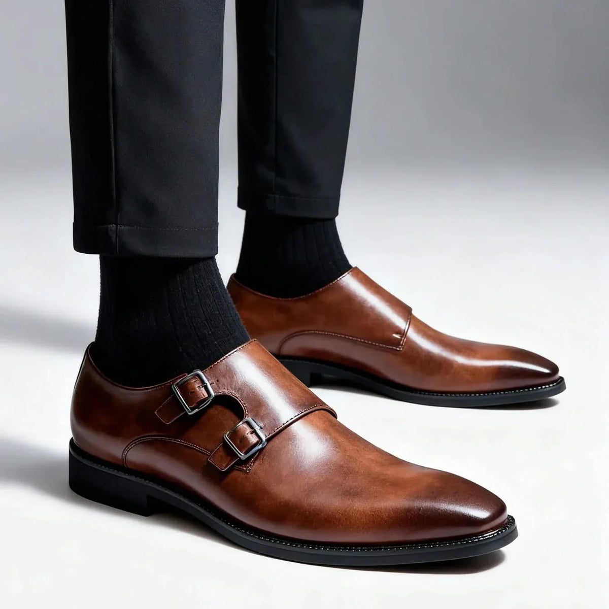 Men's polished double monk strap loafers with twin buckles