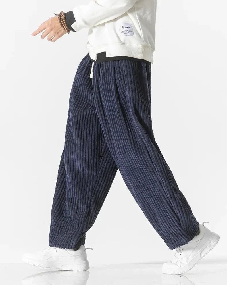 Men's wide-leg ribbed corduroy trousers with elasticated drawstring waist