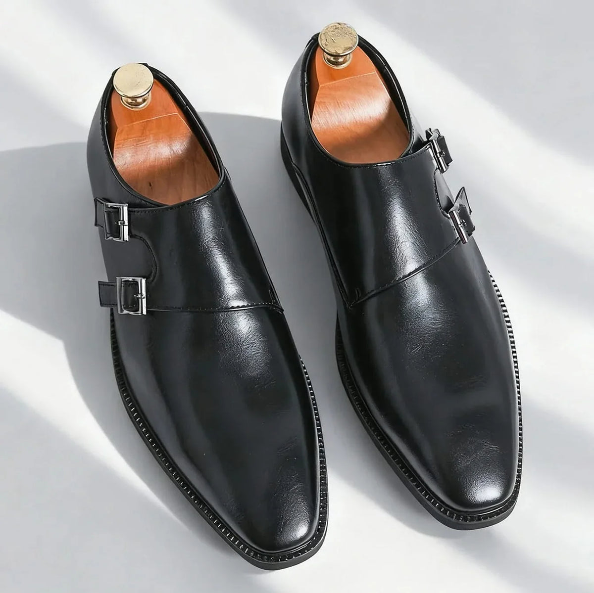 Men's polished double monk strap loafers with twin buckles