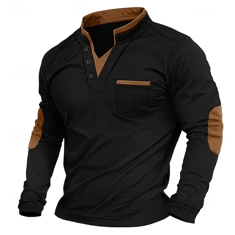 Men's long-sleeved V-neck sweatshirt with chest pocket and contrast elbow panels