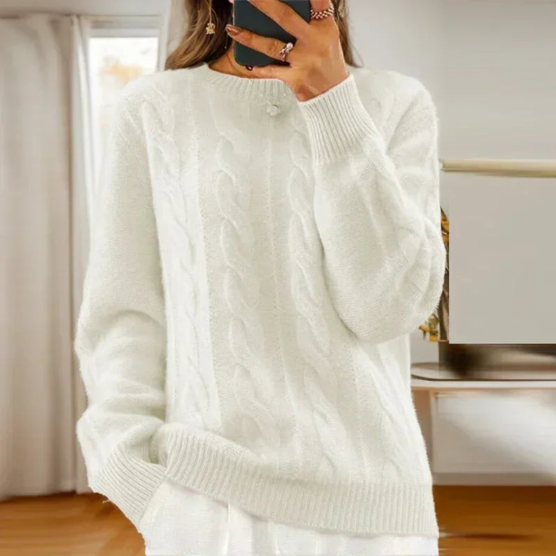 Women's cable knit jumper with crew neckline and ribbed trims