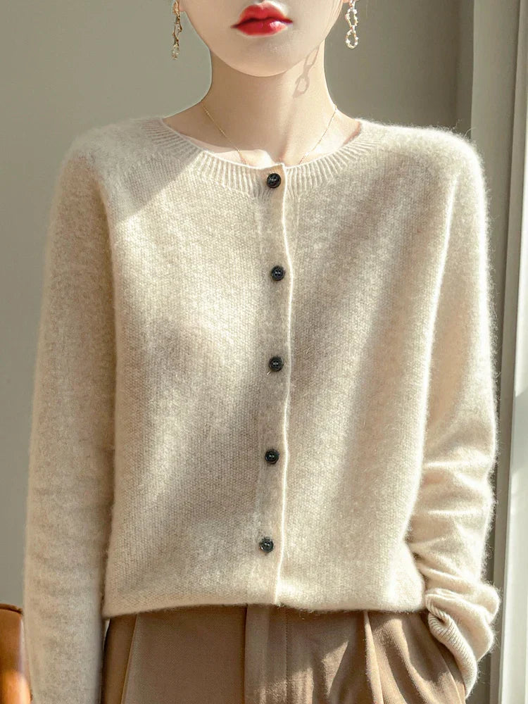Women's long-sleeve button-front cardigan with crew neckline