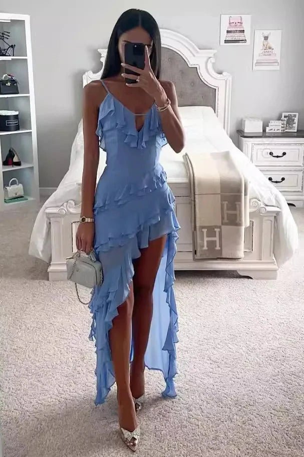 Women's Asymmetrical Ruffle Midi Dress Spaghetti Strap Bodycon Fit | Blue
